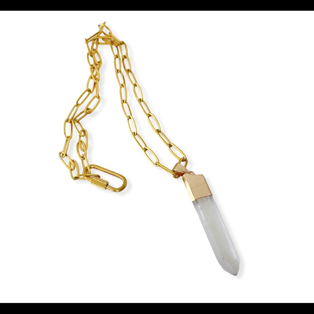 Clear Quartz Pendant Gold Oval Chain Necklace